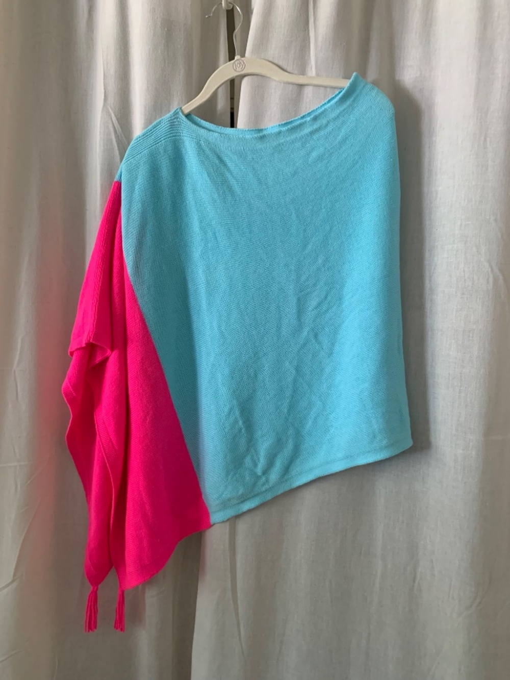 Lilly Pulitzer Aqua Pink Colorblock Tassel Poncho Wrap One Size Cotton Blend - Picture 3 of 10